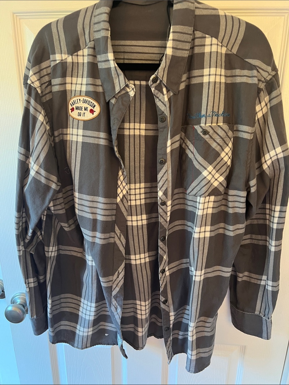 Harley-Davidson Men's Dark Gray and White Plaid Button-Down Shirt